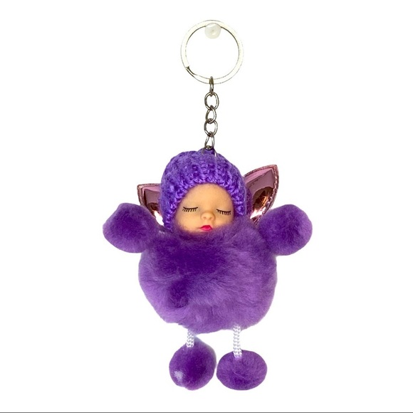 Sleepy baby with‎ fairy wings small pompon in purple keychain charm key holder - Picture 2 of 6